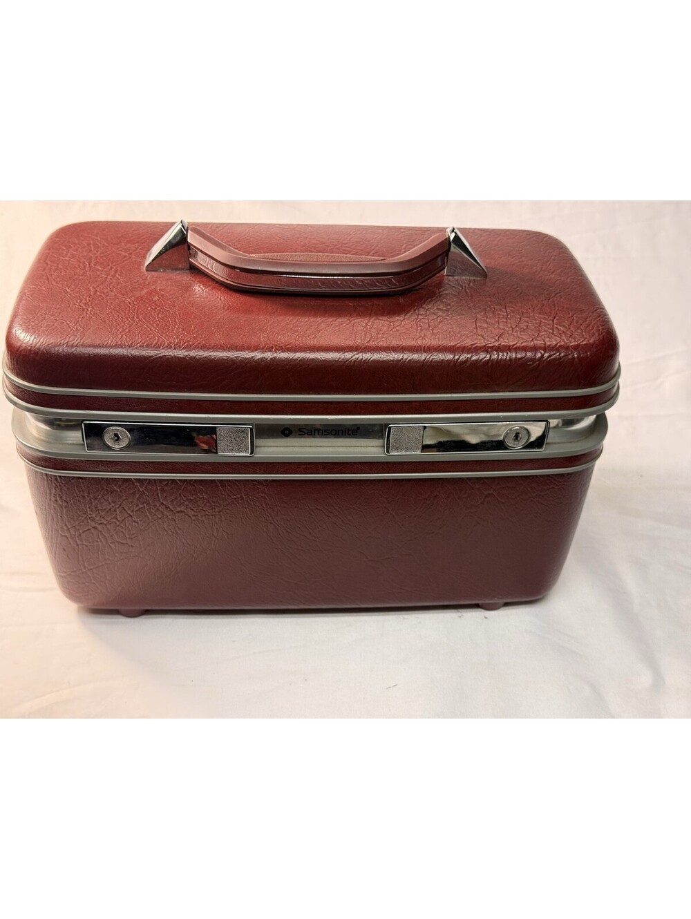 VTG Samsonite Train Case Burgundy Makeup Case Hard Shell Travel Vanity USA